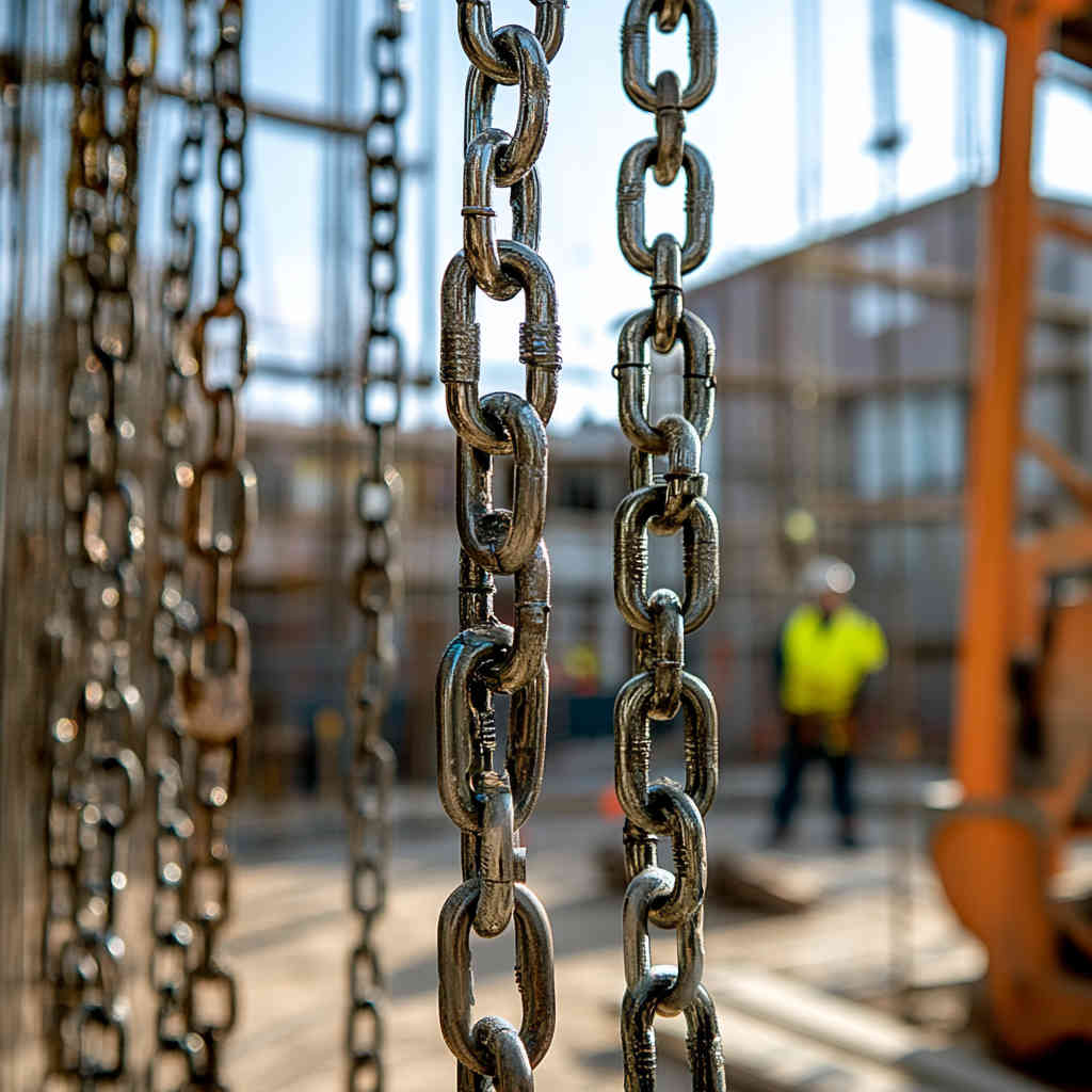 Hoist chains lifting construction materials at a site