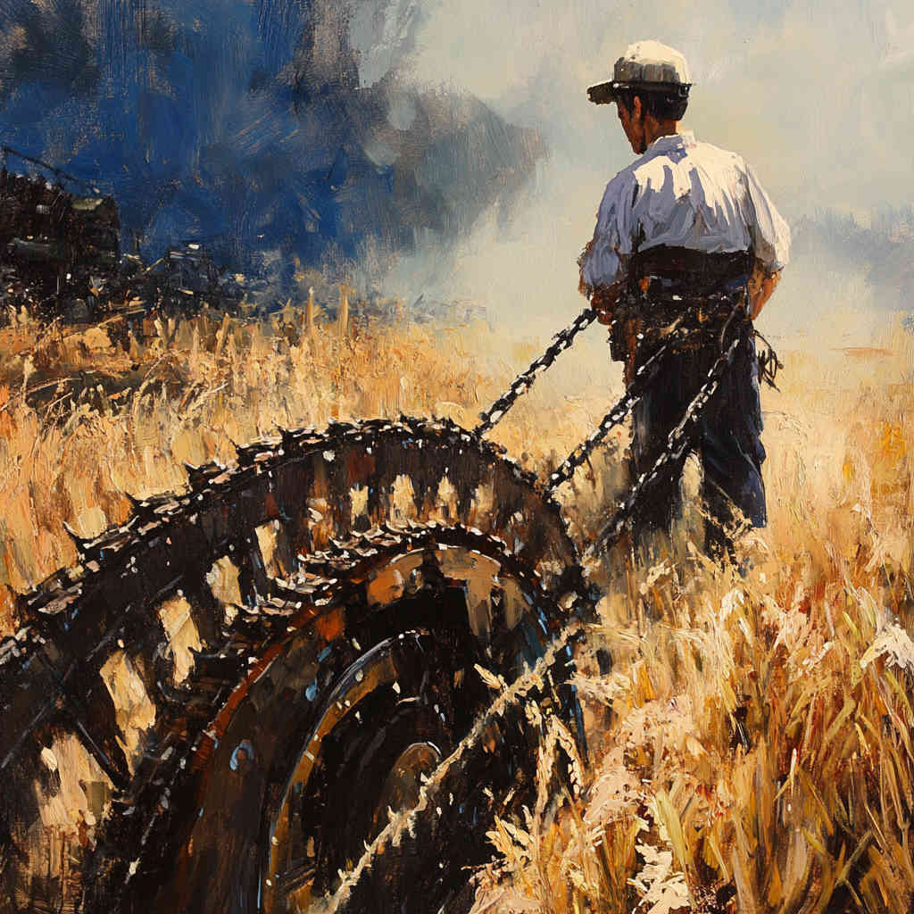 Rice harvester chain in action
