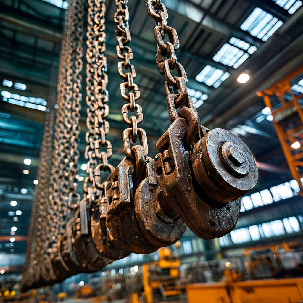 Hoist chains lifting heavy machinery in a manufacturing plant